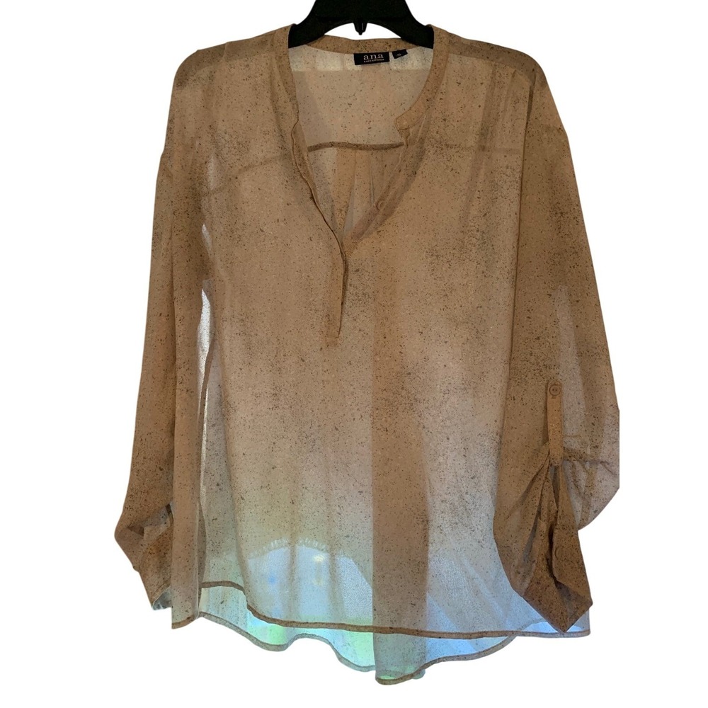 ANA a New Approach XL Blouse Long Sleeve Sheer‎ Top Tan Brown Speckled